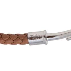 Pre Owned Hermes Brown Braided Leather Palladium Plated Metal Jumbo H Bracelet