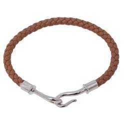 Pre Owned Hermes Brown Braided Leather Palladium Plated Metal Jumbo H Bracelet