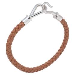 Pre Owned Hermes Brown Braided Leather Palladium Plated Metal Jumbo H Bracelet