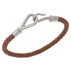 Pre Owned Hermes Brown Braided Leather Palladium Plated Metal Jumbo H Bracelet