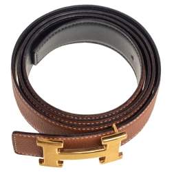 Pre Owned Hermes Gold/Noir Togo and Box Leather H Reversible Buckle Belt 100CM