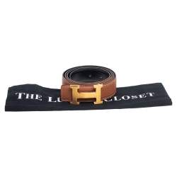 Pre Owned Hermes Gold/Noir Togo and Box Leather H Reversible Buckle Belt 100CM