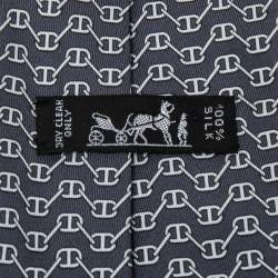 Pre Owned Hermès Grey Chaine d'Ancre Print Silk Tie