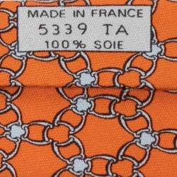Pre Owned Hermès Orange Interlocking Link Print Silk Tie