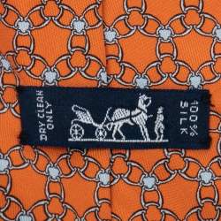 Pre Owned Hermès Orange Interlocking Link Print Silk Tie