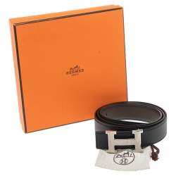 Pre Owned Hermes Black/Chocolate Swift and Epsom Leather Reversible H Buckle Belt 100CM