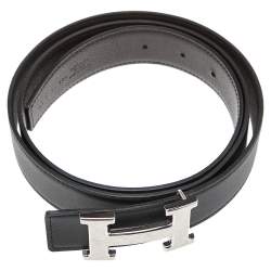 Pre Owned Hermes Black/Chocolate Swift and Epsom Leather Reversible H Buckle Belt 100CM