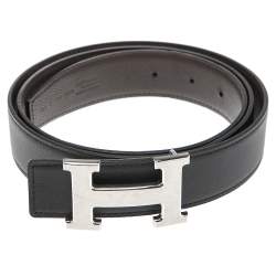 Pre Owned Hermes Black/Chocolate Swift and Epsom Leather Reversible H Buckle Belt 100CM