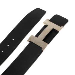 Pre Owned Hermes Black/White Epsom and Box Leather Palladium Hardware Constance Reversible Belt 90CM