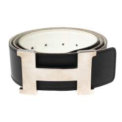 Pre Owned Hermes Black/White Epsom and Box Leather Palladium Hardware Constance Reversible Belt 90CM