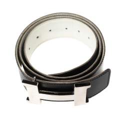 Pre Owned Hermes Black/White Epsom and Box Leather Palladium Hardware Constance Reversible Belt 90CM