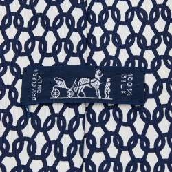 Pre Owned Hermes White & Navy Blue Chain Link Printed Silk Tie