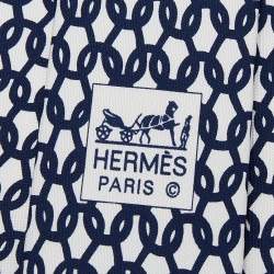 Pre Owned Hermes White & Navy Blue Chain Link Printed Silk Tie