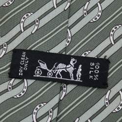 Hermes Green Diagonal Striped Horsebit Printed Silk Tie