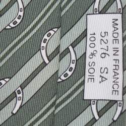 Hermes Green Diagonal Striped Horsebit Printed Silk Tie
