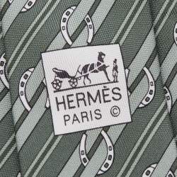 Hermes Green Diagonal Striped Horsebit Printed Silk Tie