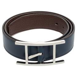مملوكة مسبقًا Hermes Chocolat/Bleu de Presse Box and Togo Leather Quentin H Reversible Belt 85CM