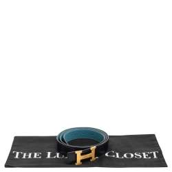 Pre Owned Hermes Black/Bleu Jean Togo and Chamonix H Buckle Reversible Belt 105CM