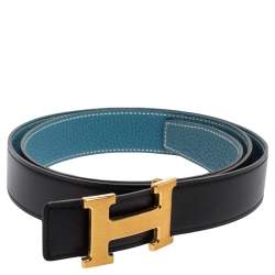 Pre Owned Hermes Black/Bleu Jean Togo and Chamonix H Buckle Reversible Belt 105CM