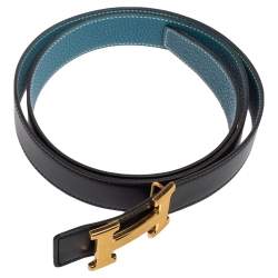 Pre Owned Hermes Black/Bleu Jean Togo and Chamonix H Buckle Reversible Belt 105CM