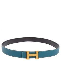 Pre Owned Hermes Black/Bleu Jean Togo and Chamonix H Buckle Reversible Belt 105CM