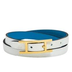 Pre Owned Hermès White & Blue Leather Gold Plated Behapi Double Tour Bracelet
