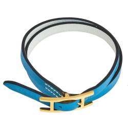 Pre Owned Hermès White & Blue Leather Gold Plated Behapi Double Tour Bracelet