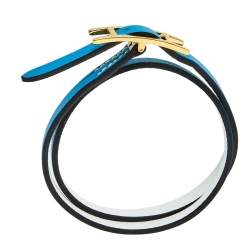 Pre Owned Hermès White & Blue Leather Gold Plated Behapi Double Tour Bracelet