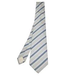 Pre Owned Hermes Grey & Blue Diagonal Striped Silk Jacquard Tie