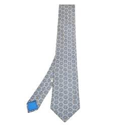 Hermes Blue Floral Printed Silk Tie