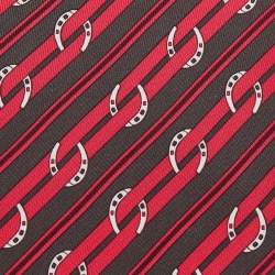 Pre Owned Hermes Red Horsebit Stripe Printed Silk Tie