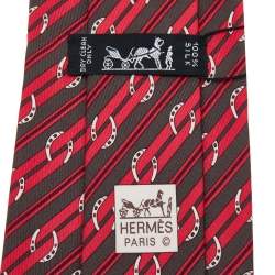 Pre Owned Hermes Red Horsebit Stripe Printed Silk Tie