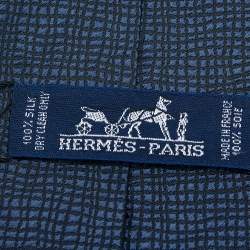 Pre Owned Hermes Navy Blue Patterned Silk Jacquard Tie