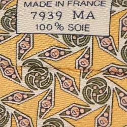 Pre Owned Hermes Yellow Geometric Floral Printed Silk Tie