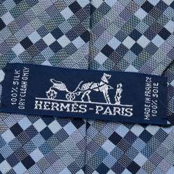 Pre Owned ربطة عنق هيرمس حرير جاكار مزخرف سلة مجدولة أزرق كحلي 