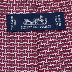 Pre Owned Hermès Red Geometric Patterned Jacquard Silk Tie
