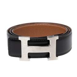 Pre Owned Hermes Black/Gold Box and Togo Leather H Buckle Reversible Belt 95CM