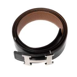 Pre Owned Hermes Black/Gold Box and Togo Leather H Buckle Reversible Belt 95CM