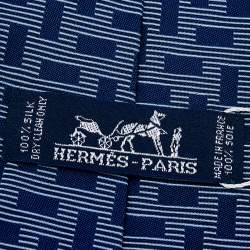 Pre Owned Hermes Navy Blue Patterned Silk Jacquard Tie