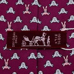 Pre Owned Hermes Magenta Rabbit & Seal Printed Silk Tie