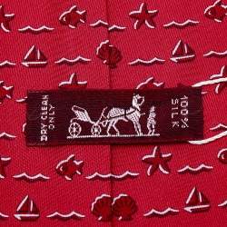 Pre Owned Hermes Red Seashell & Fish Printed Silk Tie