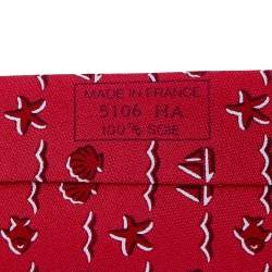 Pre Owned Hermes Red Seashell & Fish Printed Silk Tie