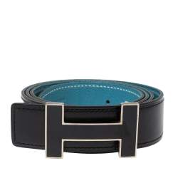 Pre Owned Hermes Black/Blue Jean Box and Togo Leather Quizz Reversible Buckle Belt 100CM