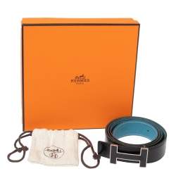 Pre Owned Hermes Black/Blue Jean Box and Togo Leather Quizz Reversible Buckle Belt 100CM