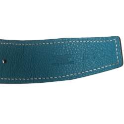 Pre Owned Hermes Black/Blue Jean Box and Togo Leather Quizz Reversible Buckle Belt 100CM