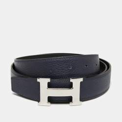 Pre Owned Hermes Black/Bleu Nuit Chamonix and Togo Leather Hammered Finish H Buckle Reversible Belt 100CM