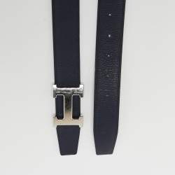 Pre Owned Hermes Black/Bleu Nuit Chamonix and Togo Leather Hammered Finish H Buckle Reversible Belt 100CM