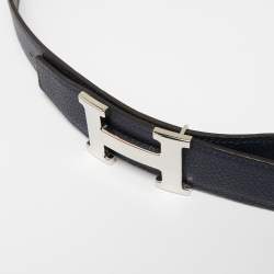 Pre Owned Hermes Black/Bleu Nuit Chamonix and Togo Leather Hammered Finish H Buckle Reversible Belt 100CM