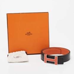 Pre Owned حزام هيرمس كويز جلد بوكس وجلد توغو أسود/برتقالي ذو وجهين 90 سم