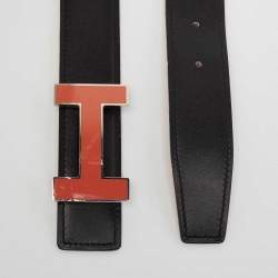 Pre Owned حزام هيرمس كويز جلد بوكس وجلد توغو أسود/برتقالي ذو وجهين 90 سم